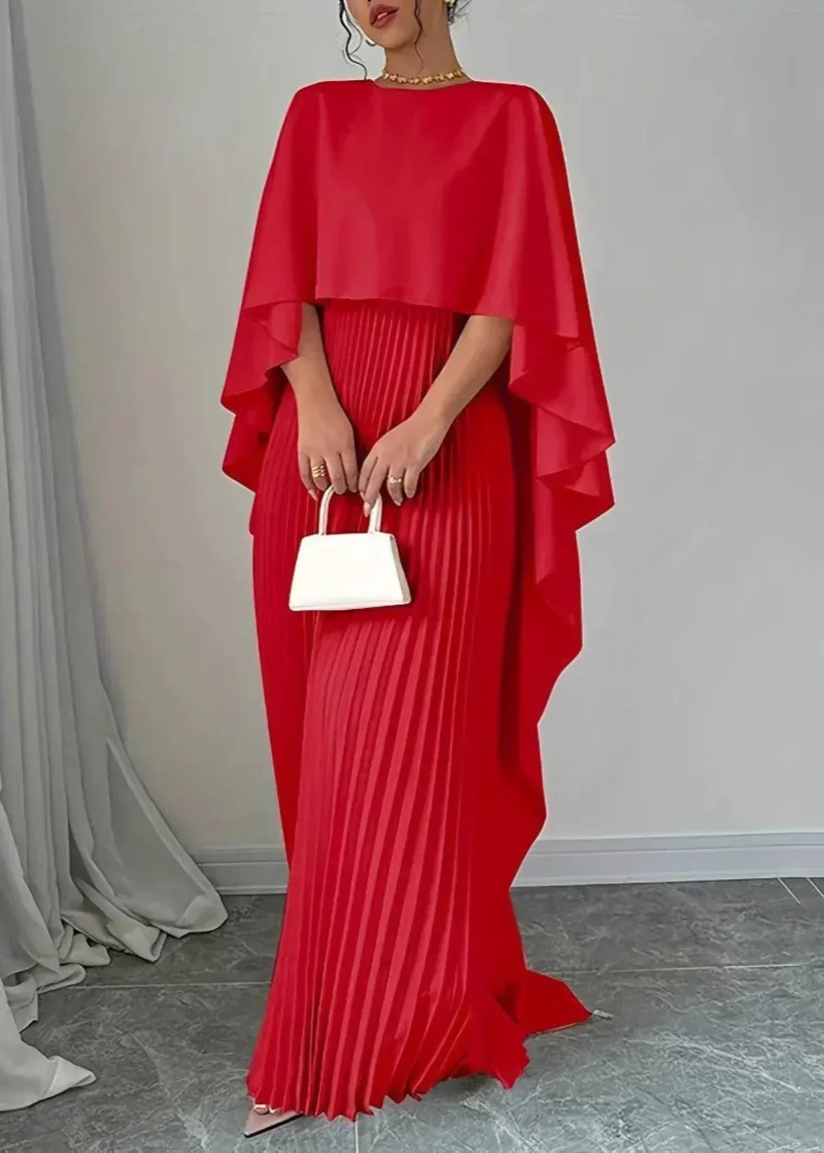 Women’s Pleated Cape Overlay Maxi Dress Elegant Evening Wear