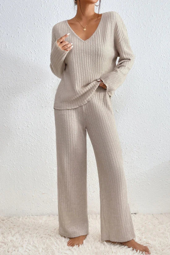 Women’s Ribbed Knit Loungewear Set - Elegant V-neckline Top and Wide-Leg Trousers