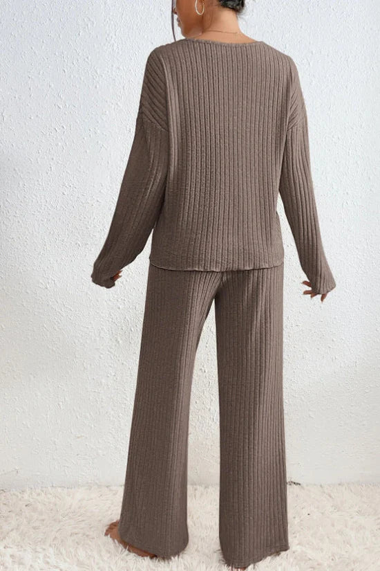 Women’s Ribbed Knit Loungewear Set - Elegant V-neckline Top and Wide-Leg Trousers