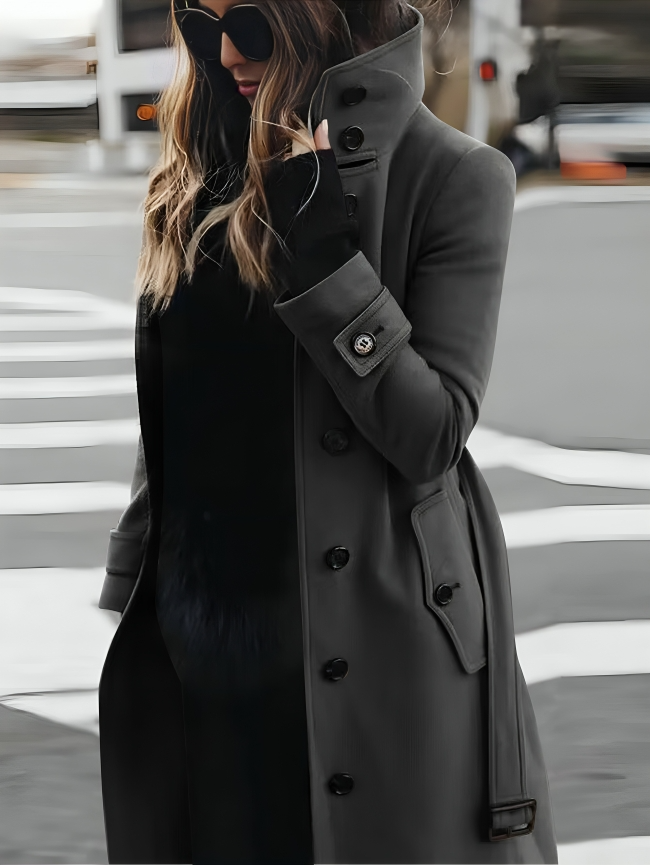 Women's Timeless Sleek High Collar Long Coat with Pockets and Tie-belt Waist