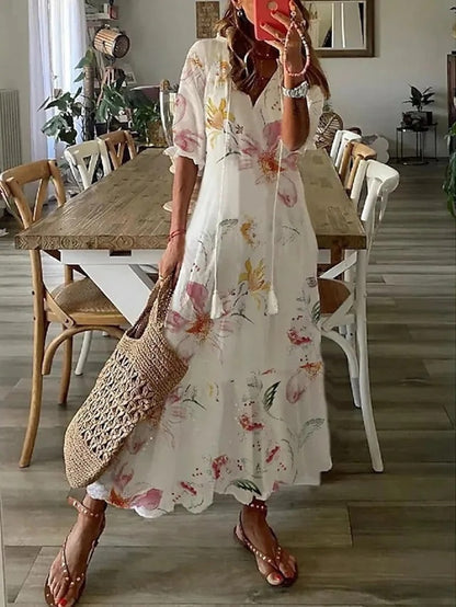 Women’s Summer Dress with Lantern Sleeves and Boho Print