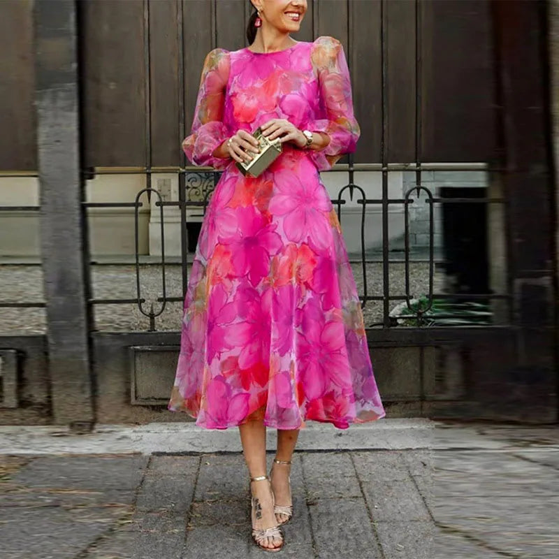 Women’s Exquisite Floral Long Sleeve Flowy Midi Wedding Guest Dress
