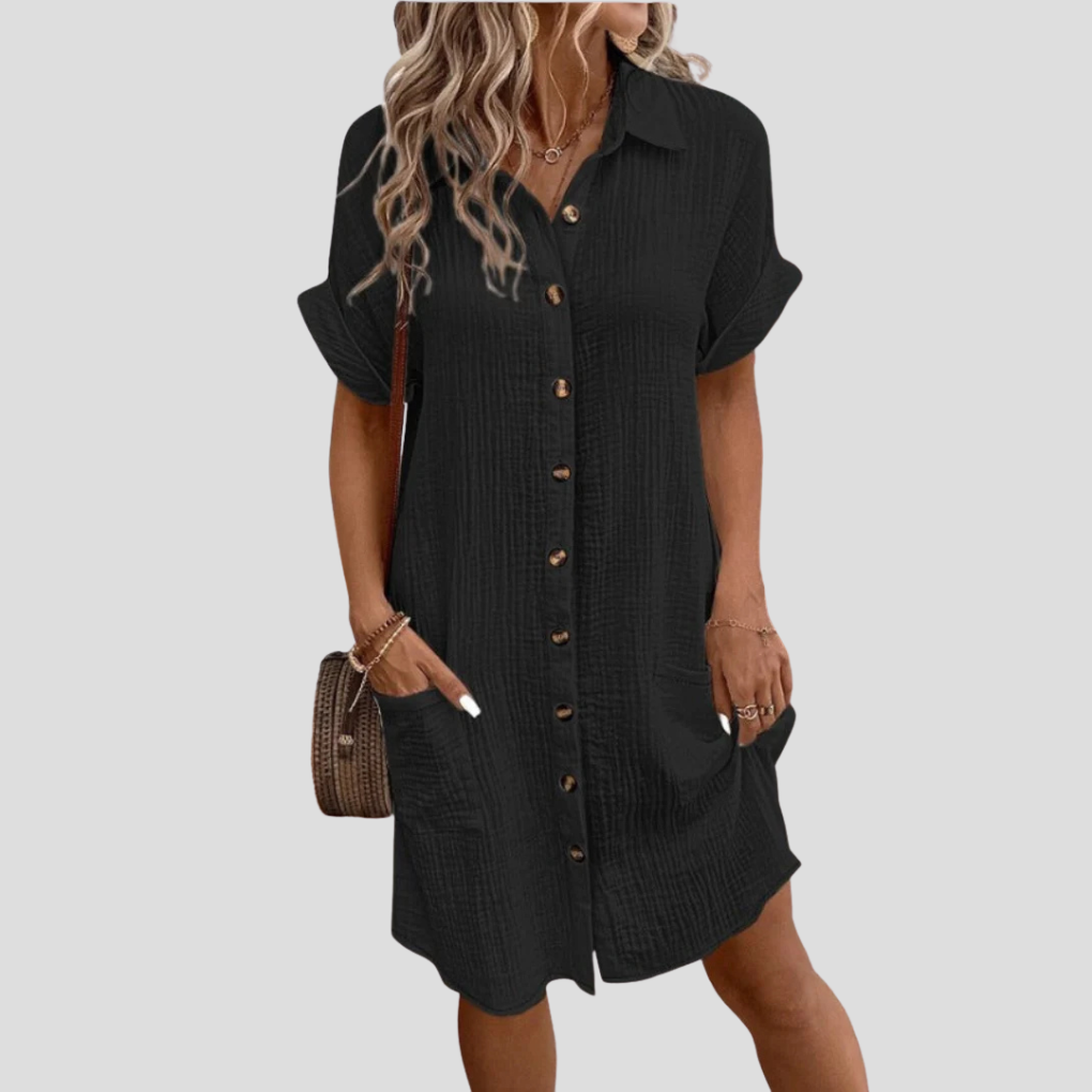 Women’s Traditional Long Subtle Waist Shirt Dress with Button Front and Classic Collar