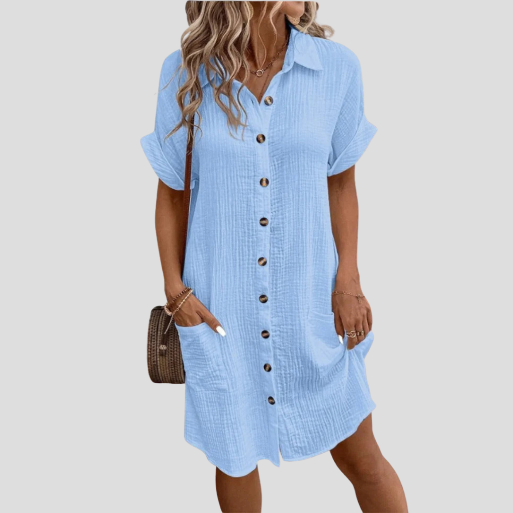 Women’s Traditional Long Subtle Waist Shirt Dress with Button Front and Classic Collar