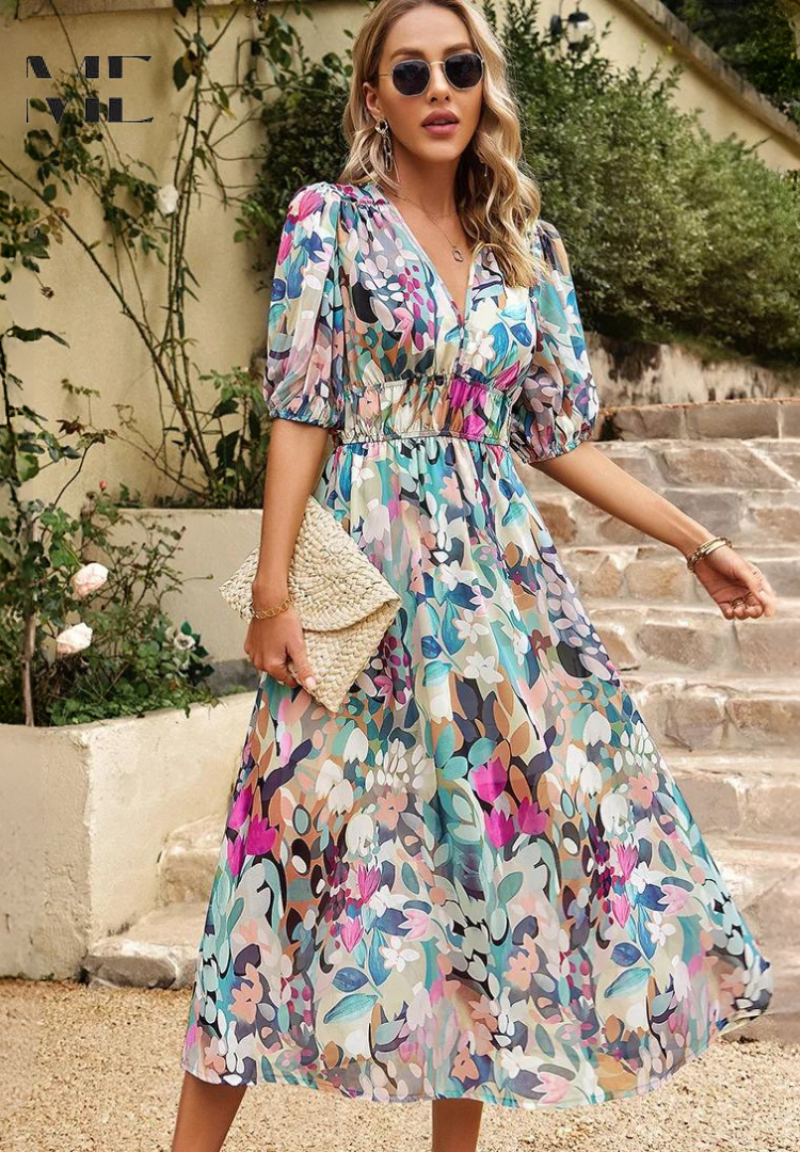 Women's Fashion Summer Floral Print Midi Dress with Puff Sleeves