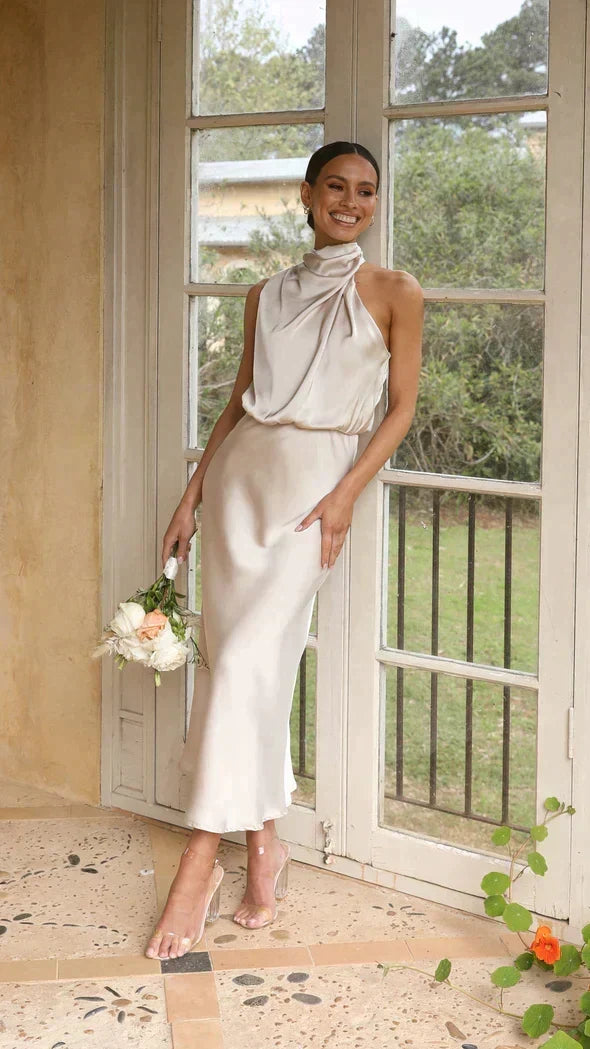 Women's Long Halter Formal Wedding Guest Bridesmaid Dress for All Occasion
