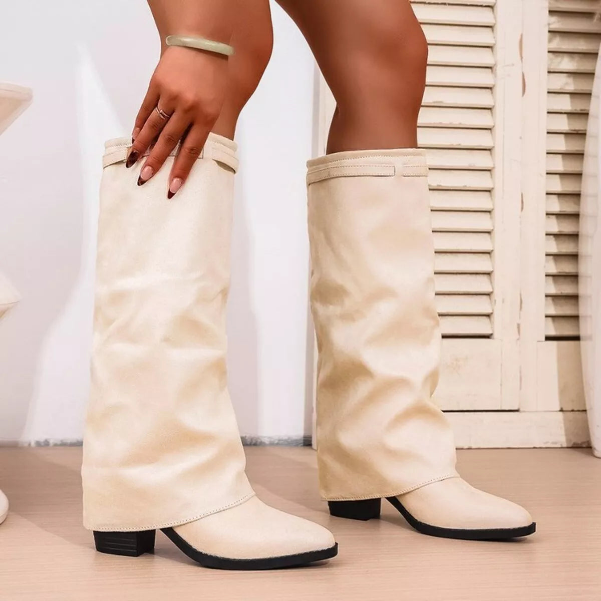 Modern Versatile Point Toe Block Heels Knee High Boots for Women