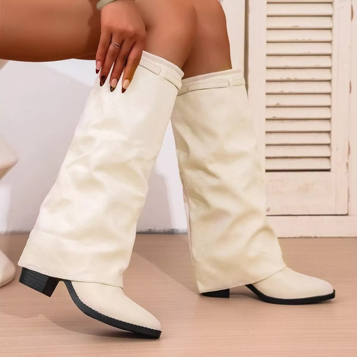 Modern Versatile Point Toe Block Heels Knee High Boots for Women