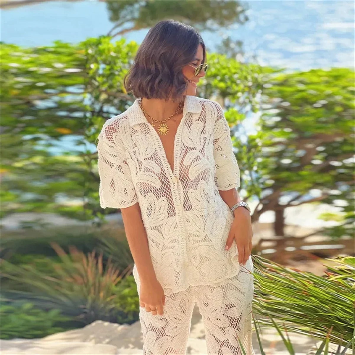 Stylish Summer Getaways Openwork Lace Two-piece Women's Set